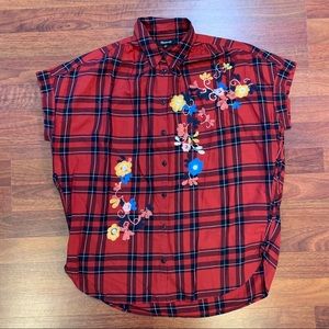Madewell Oversized Embroidered Red Plaid Shirt